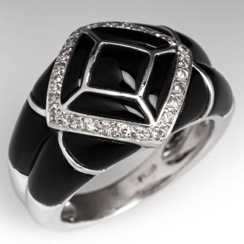Beautiful Onyx Inlay Ring w/ Diamond Accents Platinum