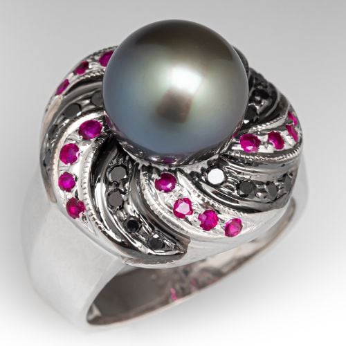 Tahitian Pearl Ruby & Black Diamond Ring 14K White Gold