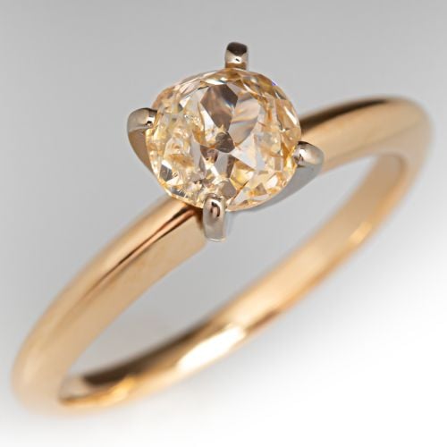 Old Mine Cut Diamond Solitaire Engagement Ring 14K Gold .70ct S-T/I2