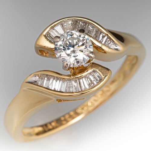 Diamond Bypass Engagement Ring w/ Baguette Accents 14K Yellow Gold