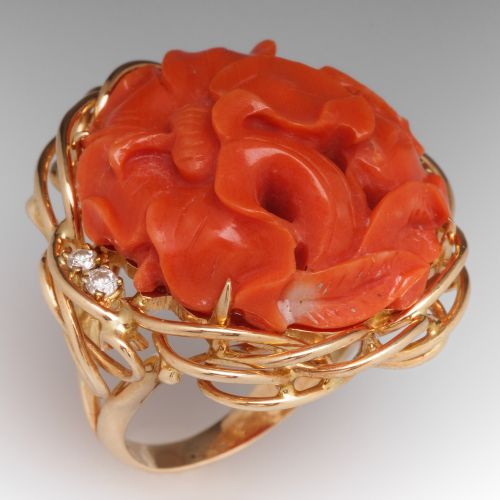 Fantastic Vintage Carved Coral Ring 14K Yellow Gold