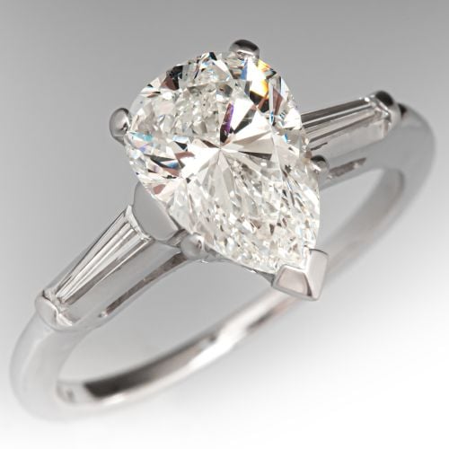 Pear Cut Diamond Vintage Engagement Ring w/ Baguettes Platinum 1.42Ct I/SI2 GIA