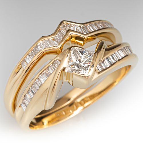 Two Ring Princess Diamond Contour Wedding Set 14K Yellow Gold