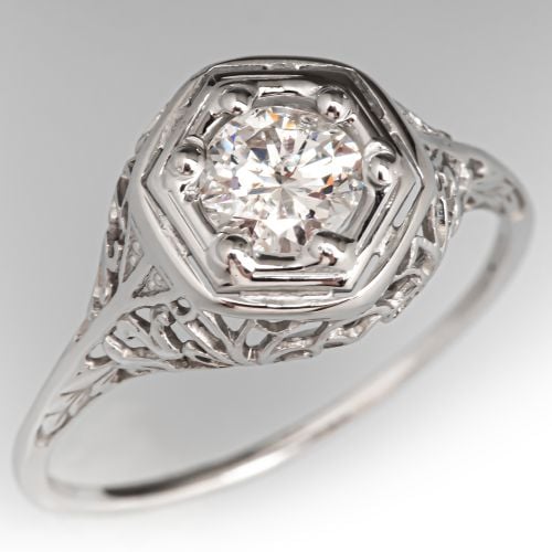 Classic Diamond Filigree Engagement Ring 18K White Gold .53ct G/I1