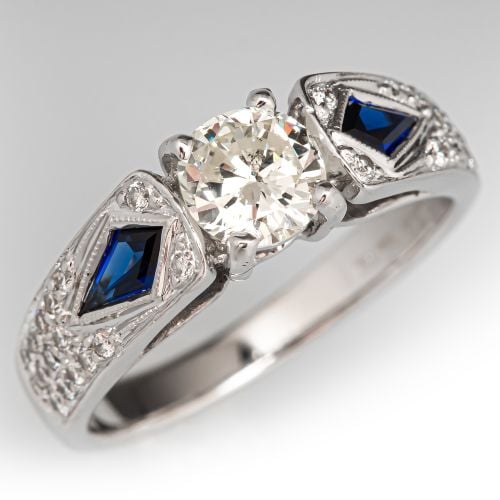 Simon G Diamond Engagement Ring w/ Shield Cut Sapphires 18K Gold .69ct K/SI1