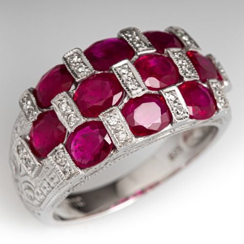 Ruby Checkerboard Wide Band Ring w/ Diamond Accents 14k White Gold