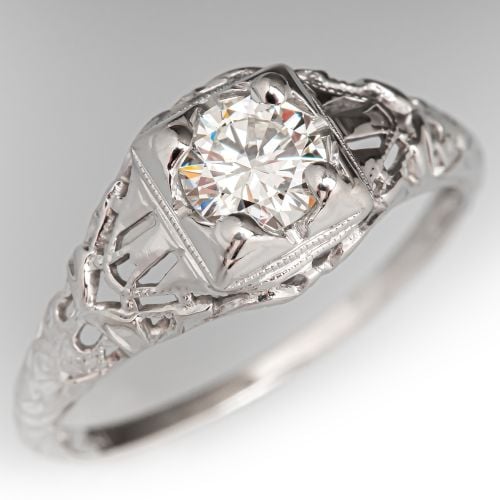 Vintage Pierced Design Engagement Ring 18K White Gold