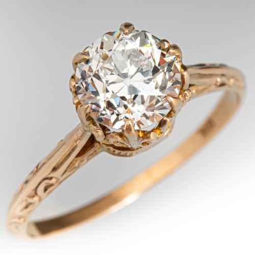 Victorian Engraved Solitaire Diamond Engagement Ring Yellow Gold 1.53Ct I/VS1 GIA