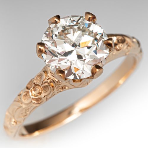 1940s Floral Solitaire Diamond Engagement Ring 14K Yellow Gold 1.90Ct K/VS1 GIA