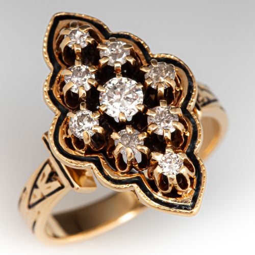 1950s Black Enamel Victorian Revival Diamond Ring 14K Yellow Gold, Size 7.25