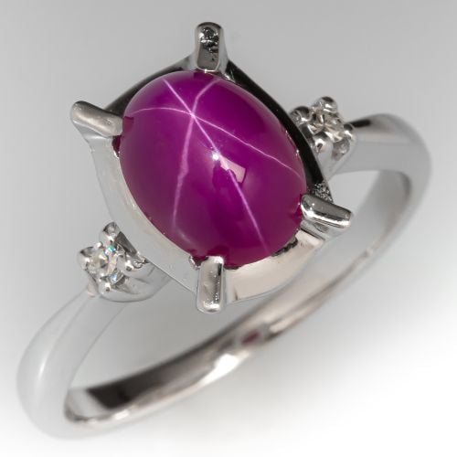 Lovely Lab Created Star Ruby Ring w/ Diamond Accents 14K White Gold