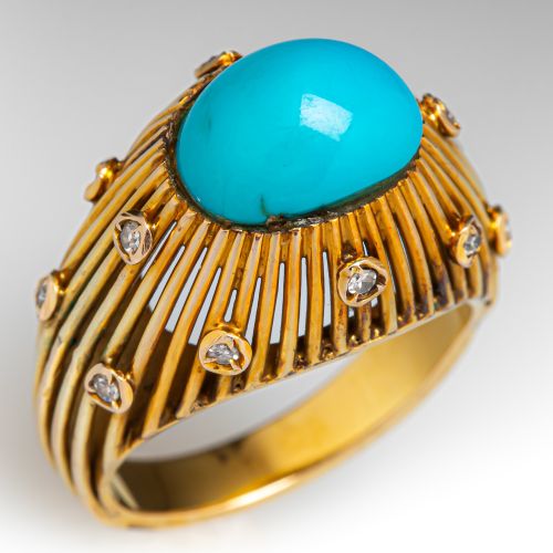 Vintage Domed Turquoise Ring 18K Yellow Gold