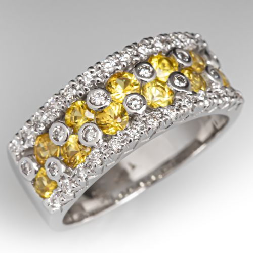 Diamond & Yellow Sapphire Band Ring 18K White Gold