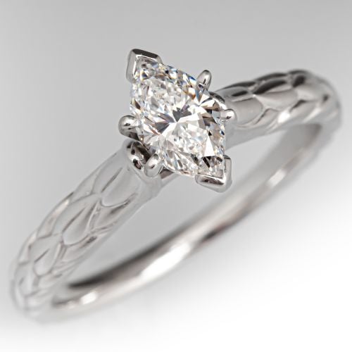 Carved Foliate Marquise Diamond Engagement Ring 18K White Gold