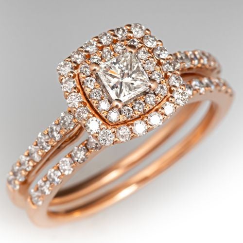 Double Halo Diamond Engagement Ring Wedding Set Rose Gold