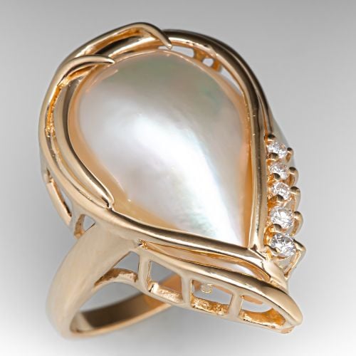 Pear Mabé Pearl Ring w/ Diamonds 14K Yellow Gold