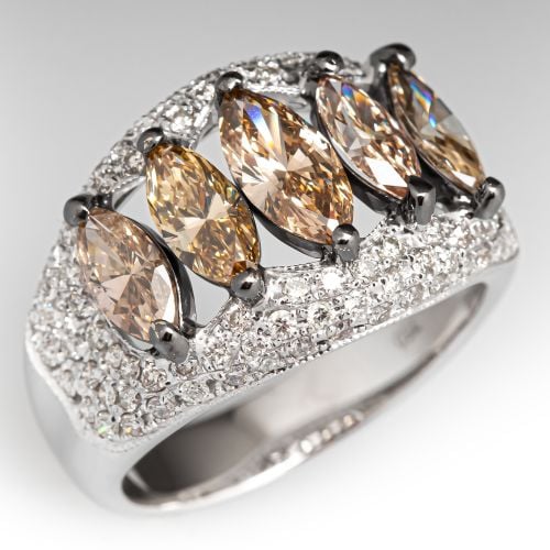 Champagne Marquise Diamond Band Ring 18K White Gold