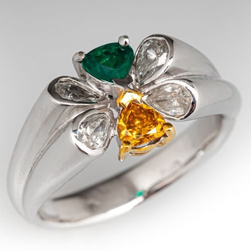 Butterfly Motif Emerald & Diamond Ring 18K White Gold