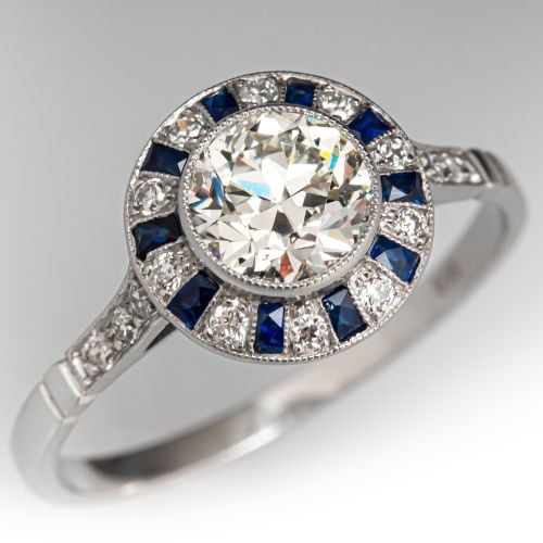 Art Deco Style Diamond Ring w/ Sapphire Accents Platinum .87Ct J/VS1