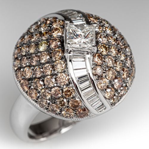Princess Cut Diamond Dome Ring 18K White Gold