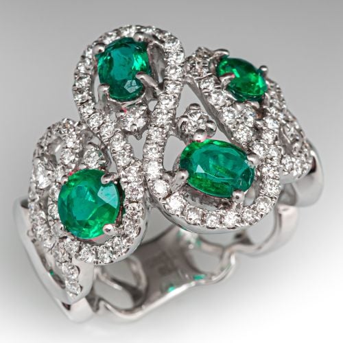 Freeform Swirl Design Emerald & Diamond Ring 18K White Gold