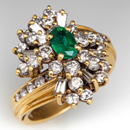 Diamond & Oval Emerald Cocktail Ring 14K Yellow Gold