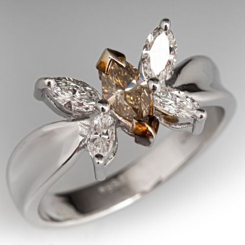 Champagne & White Marquise Diamond Butterfly Ring 18K White Gold