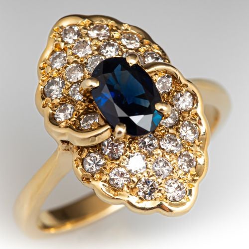 Oval Sapphire Dinner Ring w/ Diamonds 14K Yellow Gold