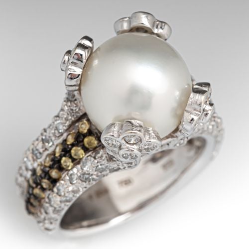 Yellow Sapphire Accented South Sea Pearl Ring 18K White Gold