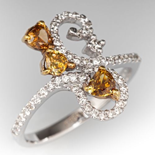 Swirling Natural Yellow Diamond Ring 18K Two Tone Gold