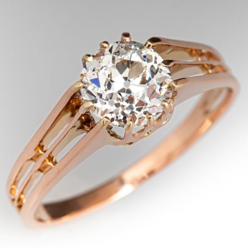 1920s French Antique Diamond Solitaire Ring 18K Rose Gold .93Ct G/SI1 GIA