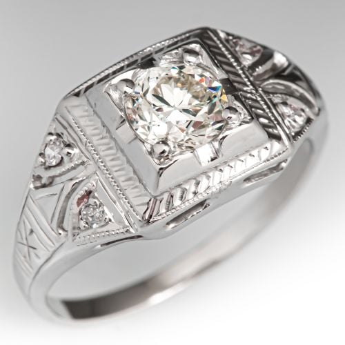 1950s Vintage Old European Diamond Engagement Ring 14K White Gold .41Ct M/SI1 GIA