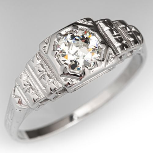 Art Deco 1930s Diamond Engagement Ring 18K White Gold .45Ct M/SI2 GIA