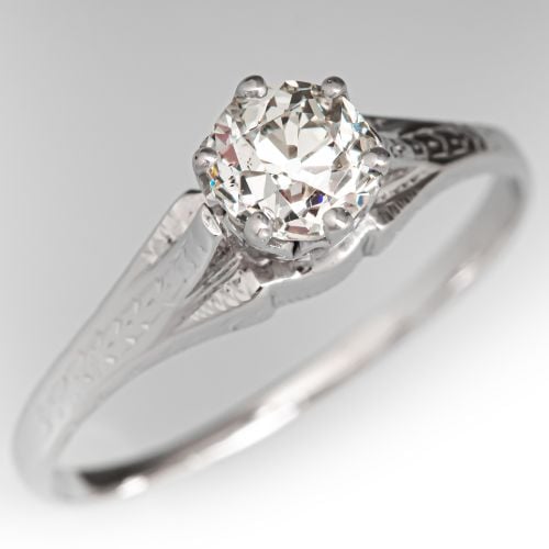 Circa 1920s Solitaire Diamond Engagement Ring 14K White Gold .63Ct J/SI1 GIA