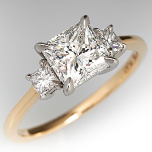 Princess Diamond Three Stone Engagement Ring 18K Yellow Gold/ Platinum 1.52Ct H/SI1 GIA