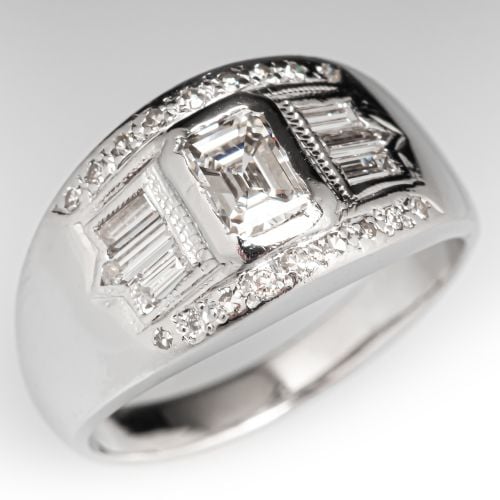 Low Profile Vintage Emerald Cut Diamond Ring Platinum