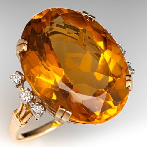 Oval Citrine Cocktail Ring w/ Diamond Accents 18K Yellow Gold