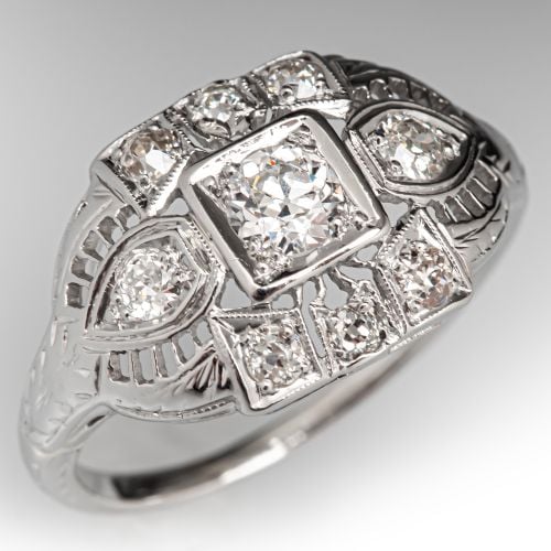 Vintage Domed Diamond Filigree Ring Platinum