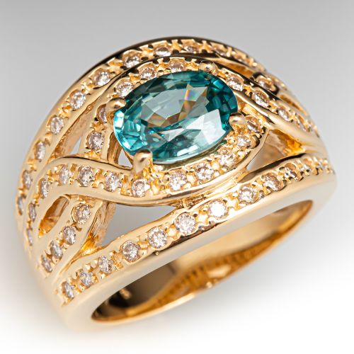 Wide Band Zircon Ring w/ Diamond Accents 14K Yellow Gold
