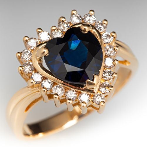 Heart Cut Sapphire & Diamond Halo Ring 14K Yellow Gold