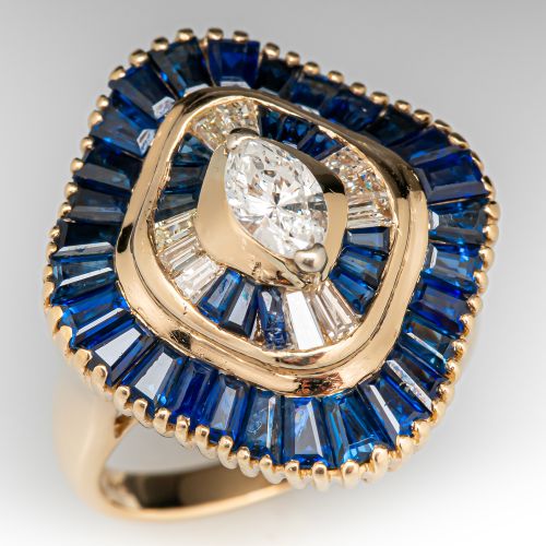 Sleek Diamond & Sapphire Ring 14K Yellow Gold