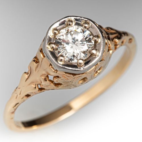 Regal Diamond Solitaire Engagement Ring 14K Yellow & White Gold