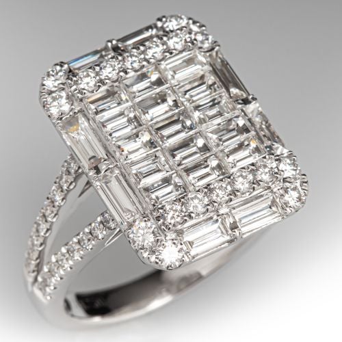 Rectangular Face Invisible Set Diamond Ring 18K White Gold, Size 5.25