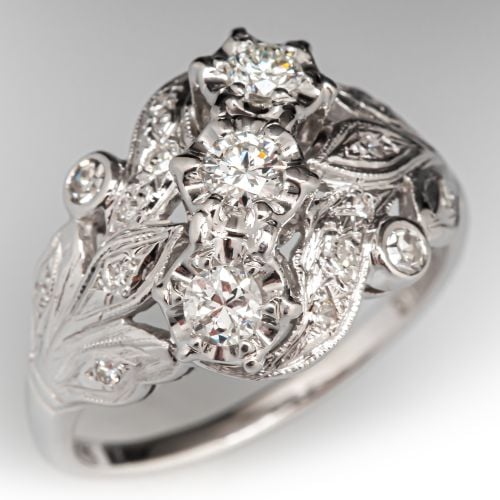 Vintage Leaf Motif Diamond Ring 14K White Gold