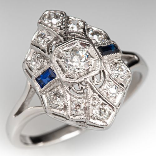 Circa 1920s Art Deco Diamond & Sapphire Ring Platinum