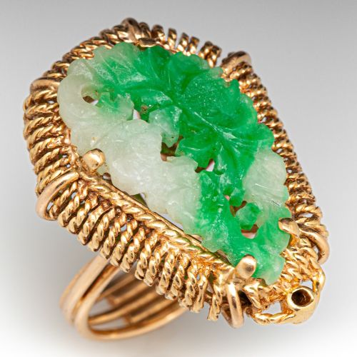 Vintage Carved Jadeite Jade Ring 14K Yellow Gold