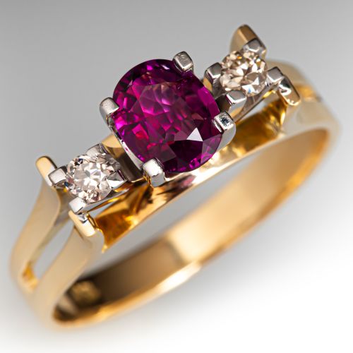 Three Stone Ruby & Diamond Ring 18K Yellow Gold