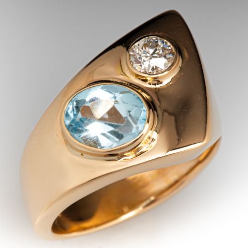 Asymmetric Blue Topaz & Old Euro Diamond Ring 14K Yellow Gold