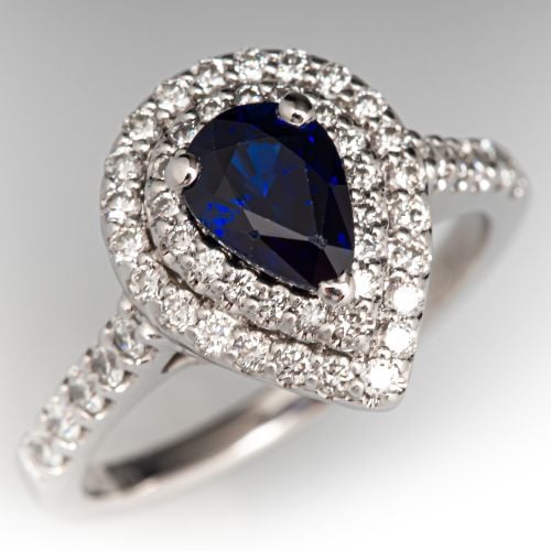 Diamond Halo Pear Sapphire Engagement Ring 14K White Gold