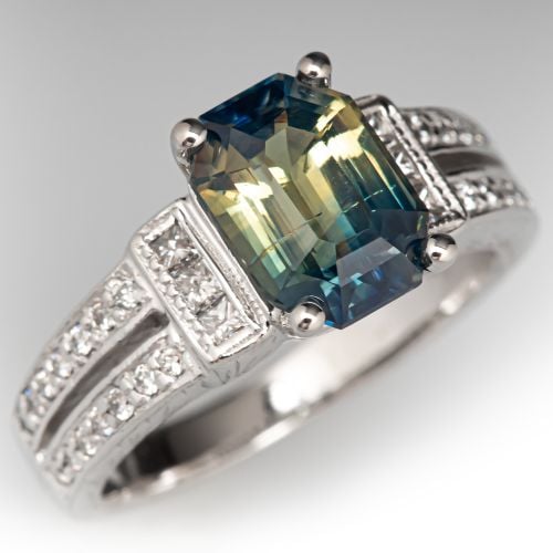 Striking No Heat Bi-Color Sapphire & Diamond Ring 14K White Gold